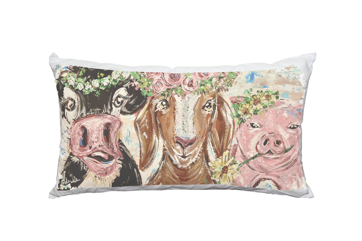 "Flowery Barn Friends" on 14"X24" Pillow