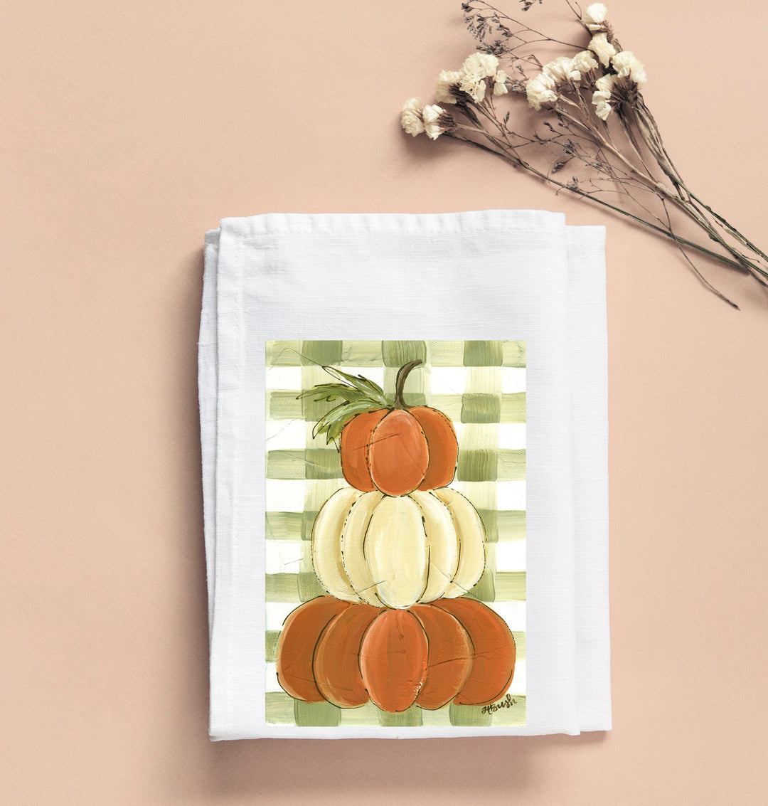 HALEY PUMPKIN STACK ON GREEN PLAID TEA TOWEL