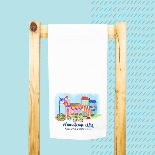 HOMETOWN USA SQUARE DESIGN ON TEA TOWEL