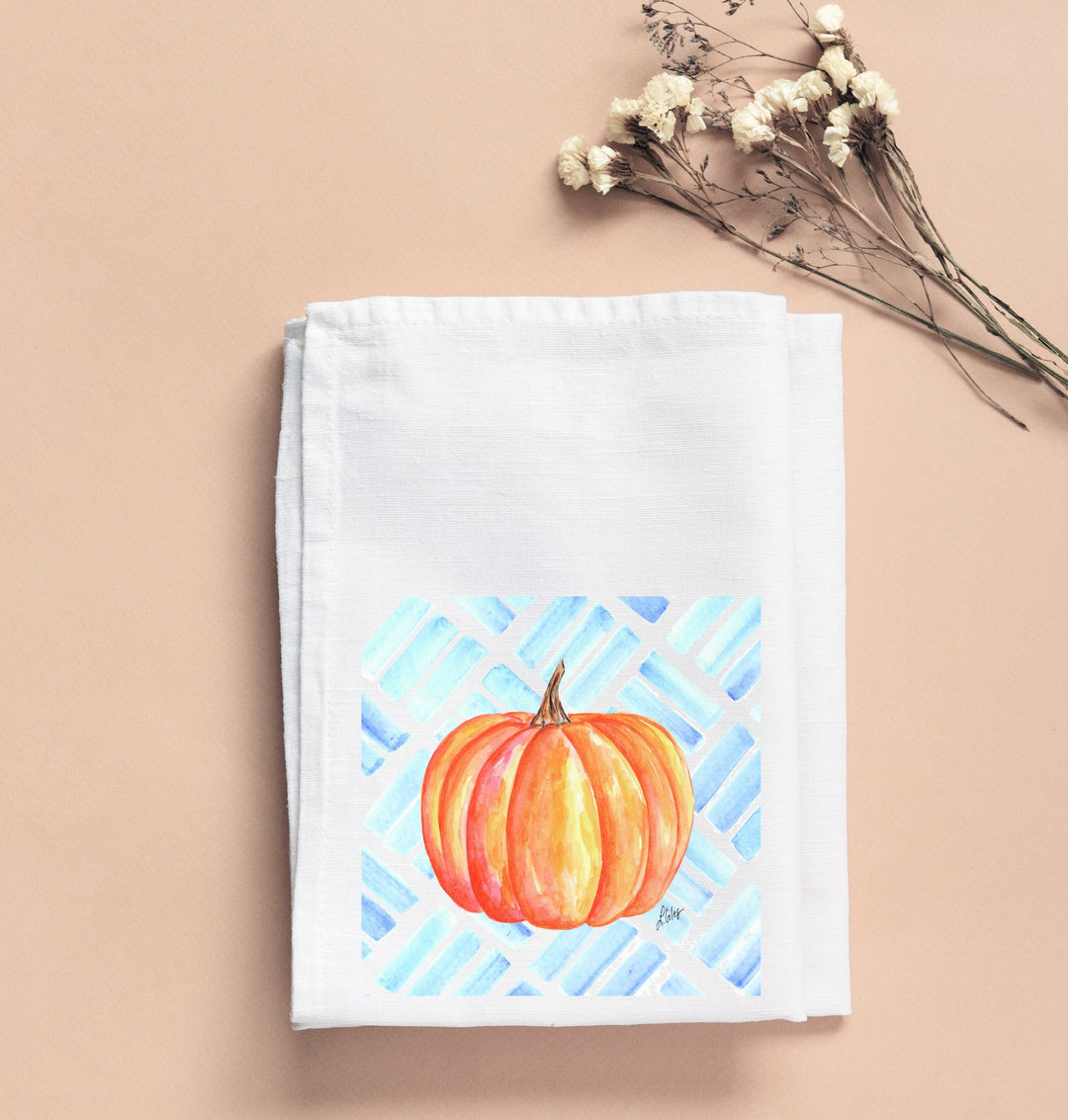 Laura’s Orange Pumpkin Blue Pattern Tea Towel