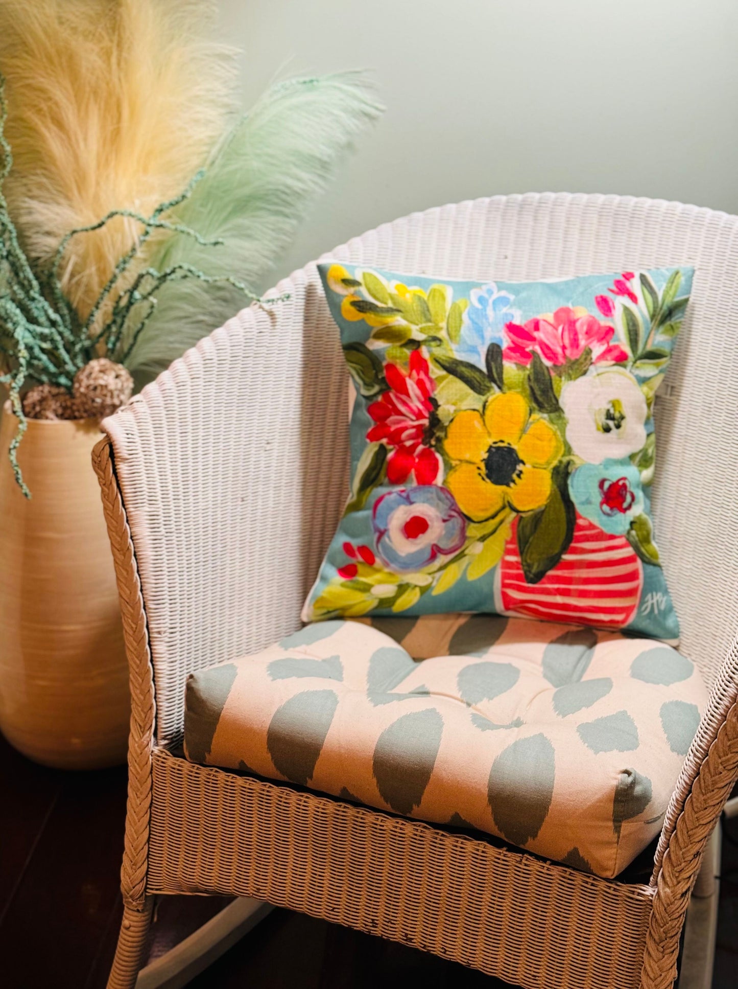 "Red Stripe Vase" on 18"X18" Pillow