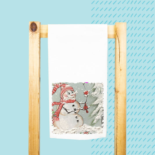 SNOWMAN WITH REDBIRD DESIGN ON TEA TOWEL