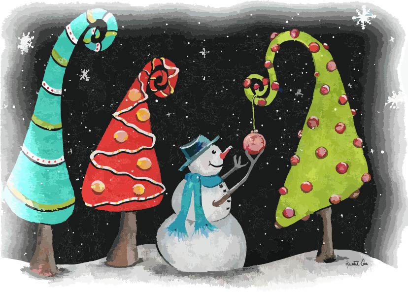 "Snowman with Whimsical Trees" on Lumbar Swap