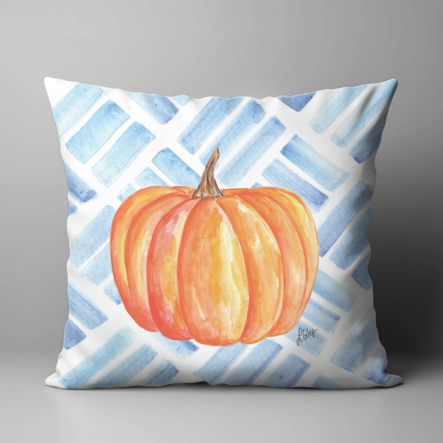 LAURA'S ORANGE PUMPKIN WITH BLUE PATTERN BACK SQUARE PILLOW