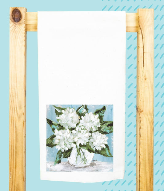 WHITE HYDRANGEAS ON BLUE DESIGN ON TEA TOWEL