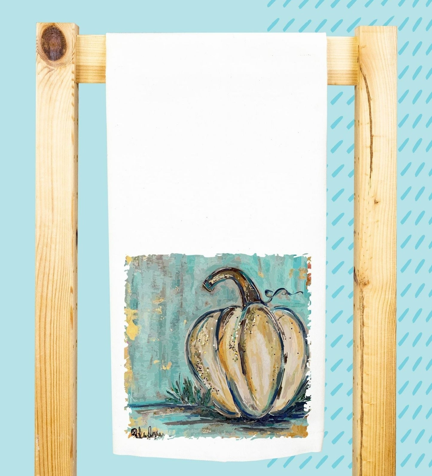 WHITE PUMPKIN ON TEAL DESIGN ON TEA TOWEL