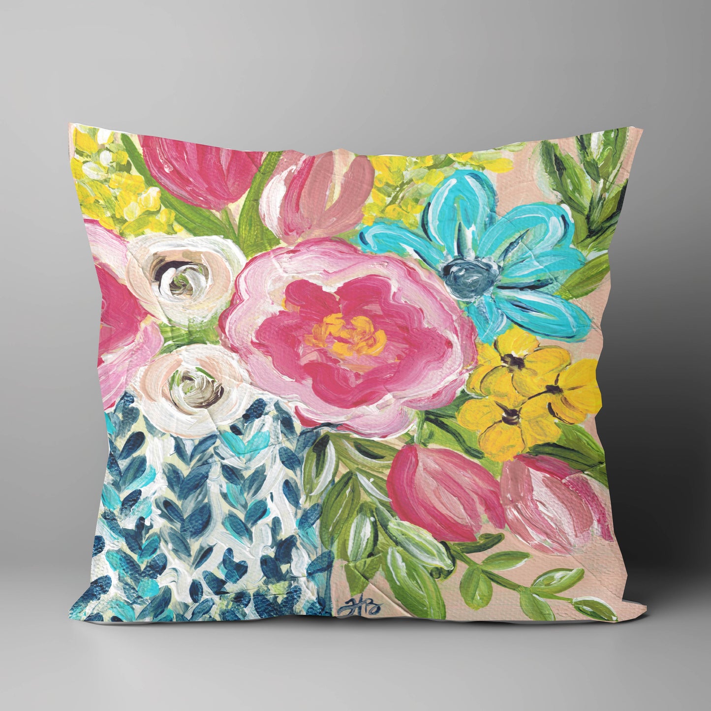 "Spring Mix in Blue Vase" on 18"X18" Pillow